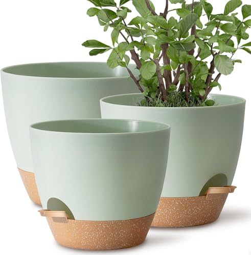 TYMENSH Plant Pots 12/10/9 Inch Set of 3, Self Watering Planters with Drainage Holes and Water Reservoir, Heavy Duty Plastic Flower Pots for Indoor Outdoor Plants, Green - color: Green