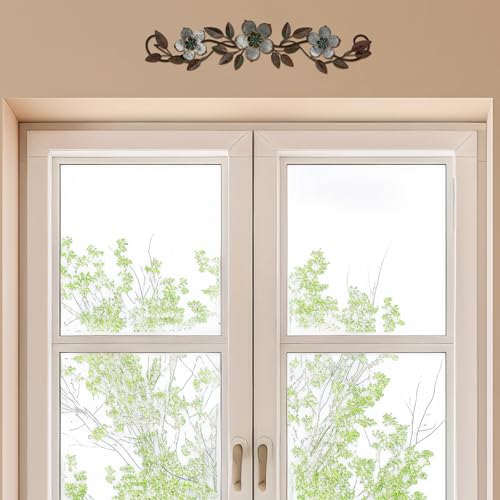 Wesiti Metal Flower Wall Decor Vintage Metal Flower Wrought Iron Scroll Sculpture 15.7''x3.7'' Not 3D, Flat Farmhouse Leaf Wall Decor with Nails for Summer Bedroom Kitchen Indoor Outdoor(Silver Gray) - color: Silver Gray