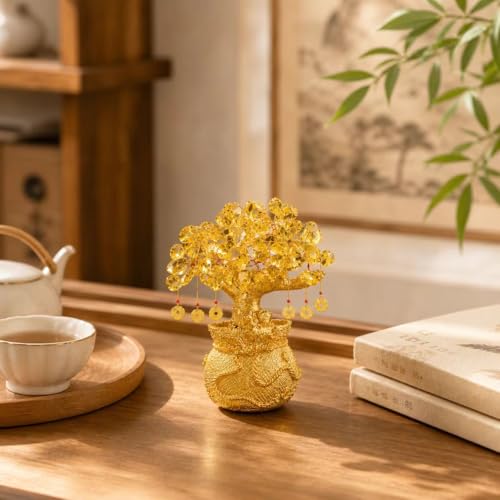 Artificial Citrine Money Tree Bonsai Feng Shui Crystal Tree for Home Office Decor, Lucky Indoor Ornament with Wealth Symbolism