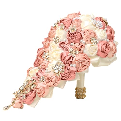 Handmade Satin Rose Water Drop Bridal Bouquet,8.7inch Crystal Wedding Round Tossing Bouquet,Jewelry Proposal Bridesmaid Bouquet Groom Corsage Bride Wrist Flower ivory (07#Ivory Champagne pink) - color: 07#ivory Champagne Pink