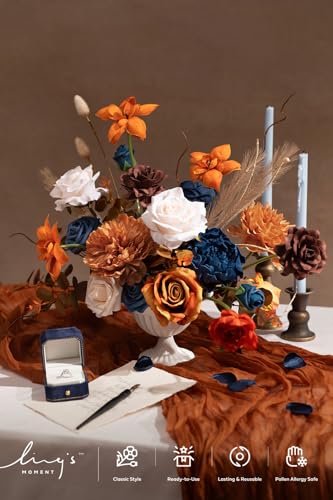 Ling's moment Fake Flowers Box, Faux Artificial Greenery Stems Foam Roses Gardenia Peony Silk Eucalyptus Pampas Fabic Flower for Centerpieces Bouquet Wedding Vase, Orange & Navy, Deluxe Combo - color: Or-orange & Navy, size: Deluxe