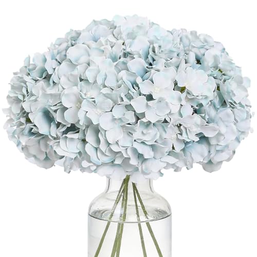 Fake Blue Hydrangea Artificial Flowers - Faux Silk Hydrangeas Flowers Heads with Stems Real Touch for Home Wedding Party Table Decor(Light Blue,Pack of 10) - color: Light Blue