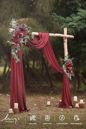 Ling's moment Burgundy Artificial Wedding Arch Flowers Kit Pack of 4, 2pcs Hanging Flower Arrangement 2pcs Chiffon Drapes Ceremony Reception Fake Rose Arbor Backdrop Floral Party Outdoor Decorations - color: Red-burgundy & Navy
