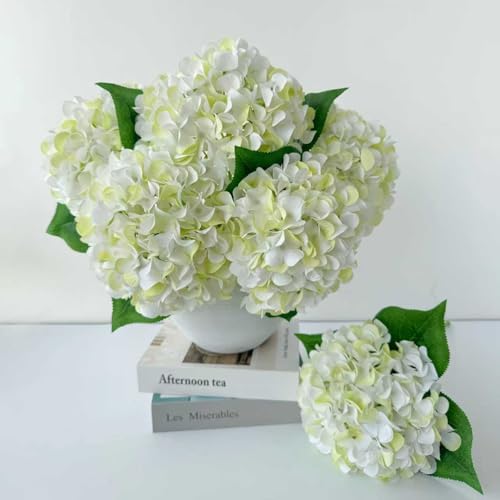 ZYTUYO 5 Pcs White & Light Green Silk Hydrangeas Artificial Flower Boho Dried Touch 20'' Faux Hydrangeas for Indoor Home Decor Kitchen Living Room Outdoor Porch Wedding Flower Arrangement - color: White & Light Green