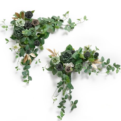 Ling's moment 2PCS Emerald & Gold Artificial Flower Garland Floral Swags Table Centerpieces Wedding Arch Flowers Decoration Green Rose Greenery Arrangements for Sweetheart/Head Table Decor - color: Grn-emerald