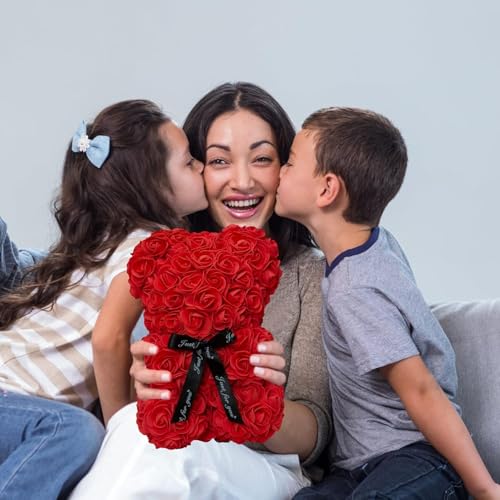 DuHouse Rose Bear Rose Teddy Bear Flower Gift Box for Valentines Gifts Anniversary Christmas,Birthdays Bridal Showers -Fully Handmade 10 inch Flower Bear Clear Gift Box(Red with Necklaces) - color: Red With Necklaces