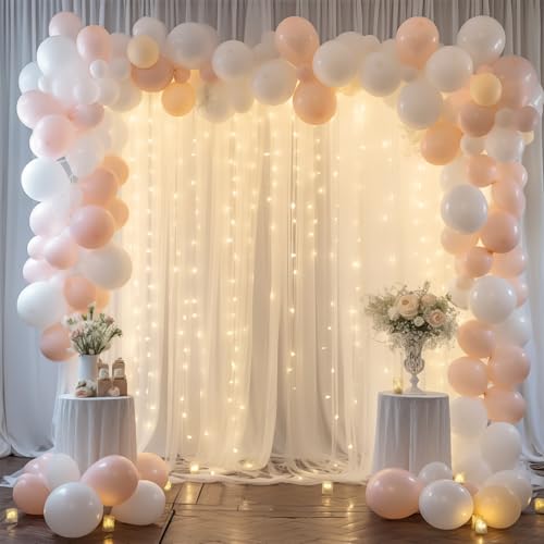 10ft x 8ft White Backdrop Curtains with Lights String for Parties, Sheer Tulle Wedding Photo Backdrops Drapes for Baby Shower Birthday Party Decorations Background for Photography - color: White, size: W5' x H8'(2 panels)