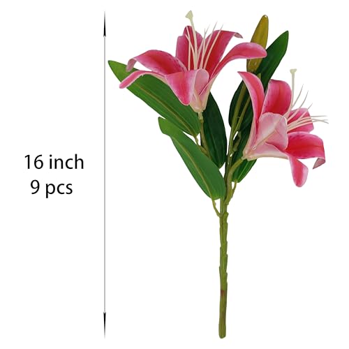 ATFL Artificial Lilies Flowers,9 Pcs Faux Lily Flowers,16''Tiger Lily Branches with 2 Full Blooms and 1 Bud,Faux Fake Lilies Plants for Wedding Bouquet Floral Arrangements (9, hot Pink) - color: Hot Pink