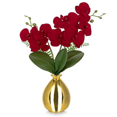Oairse Red Orchids Artificial Flowers, Faux Orchid in Glass Vase Real Touch Small Phalaenopsis Orchid Flowers Arrangements with Gold Vase Orchids Centerpiece for Dining Room Table - color: Red & Gold
