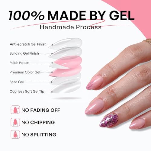 32Pcs Soft Gel Press on Nails for Women, Glitter Pink, Short Almond | Sparkling Chunky Sequins False Fake Nails Press Ons for Party Night Out, Salon Quality Reusable Glue & Stick on Nail Gift Kit - color: 3H-Glitter Pink