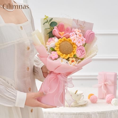 Crochet Flower Bouquet,Pink Knitted Flowers, Handmade Sunflowers Tulips Roses Bouquet for Birthday Anniversary Party Mother's Day Graduation Gifts - color: Pink