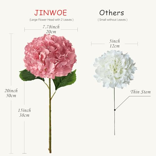 JINWOE 5Pcs 20Inch Large Pink Silk Hydrangea, Cameo Brown Lifelike Artificial Flower Heads with Stems Fake Hydrangeas Flowers for DIY Wedding Baby Showers Centerpiece Home Decor - color: Bean Paste Pink