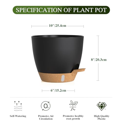 Self Watering Pots with Drainage Holes, 2 Pack 10 Inch Plant Pots with Water Level Indicator Deep Reservoir, Large Plastic Planter for Indoor Outdoor Plants - Black Brown - color: Black Brown, size: 10 Inch 2 Pack