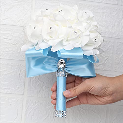 Yoanshop Wedding Bouquets for Brides or Bridesmaids Crystal Silk Roses Bridal Bridesmaid Wedding Hand Bouquet Artificial Fake Flowers (Light Blue) - color: Light Blue