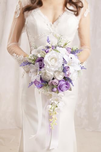 Bridal Bouquet Cascading, Lilac Purple & White Wedding Bouquets for Bride Bridesmaid 10" Artificial Flowers Bouquet for Wedding Decor - color: Lilac Purple & White