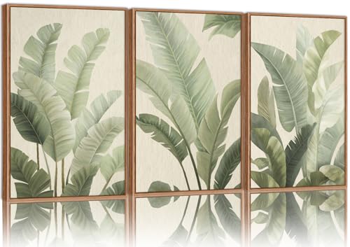 Rantodecor Sage Green Framed Canvas Wall Art, Minimalist Tropical Leaf Wall Decor, Boho Beige Nature Leaf Art Paintings, Bohemian Triple Panel Plant Artwork for Bedroom Living Room Office 16"x24"x3 - color: Sage Green Leaf, size: 24"x16"