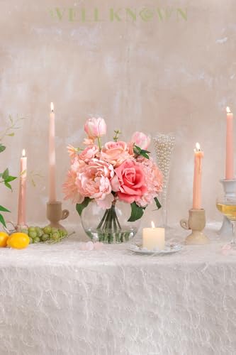 WELL KNOWN Artificial Flowers in Vase with Fake Water, Peach Pink Silk Peony Rose Tulip Spring Flower Bouquet for Home Birthday Party Wedding Dining Table Centerpieces Office Decor Mom's Gift - color: Peach Pink Mixed