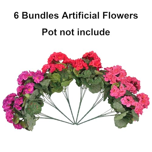 Fake Geraniums Artificial Flowers for Outdoors, 6 Bundles Silk Geraniums Flowers Realistic UV Resistant Fake Plants Faux Flowers for Outside Planters Front Door Garden Balcony Yard Porch Indoor, Mix - color: 2 Red, 2 Hotpink, 2 Fuchsia