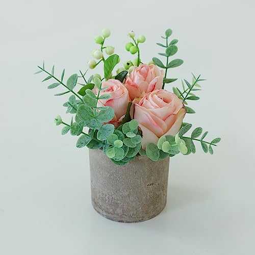Small Artificial Burnt Pink Rose Potted Plant, 6" Fake Silk Flowers in 3" Cylindrical Pot, Mini Faux Floral Arrangement for Desk Shelf Bathroom Decor - color: Burnt Pink