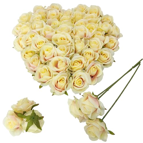 ATFL Artificial Satin Rose Flower Heads,42 Pcs Silk Rose Heads with Stems,3.3'' Rose Artificial Flowers Bulk,Artificial Rose Flower Heads for DIY Crafts Bouquet (42, Champagne) - color: Champagne