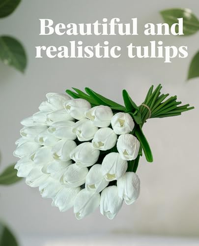 15pcs White Tulips PU Artificial Flowers Real Touch Fake Tulips for Spring Easter Home Kitchen Wedding Bouquet Bulk Mother's Gift Day Decorations - color: White