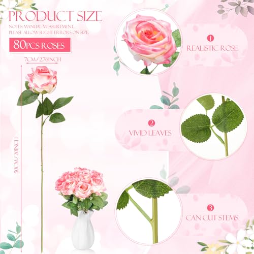 Hotop 80 Pcs Rose Artificial Flowers Bulk with Long Stem, Silk Roses Realistic Fake Flowers Bouquet for Wedding Table Centerpieces Bridal Shower Party Home Decorations(Gradient Pink) - color: Gradient Pink