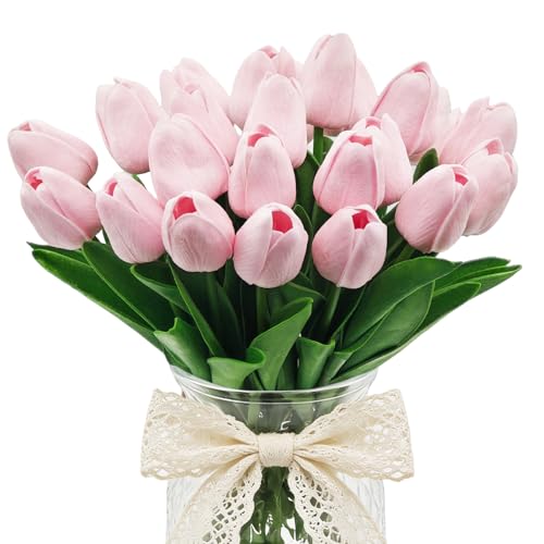 25Pcs Tulips Artificial Flowers, Faux Tulips Artificial Tulips Real Touch Tulip Fake Flowers Bouquets for Spring Wedding Home Kitchen Office Party Decor (Pink) - color: Pink