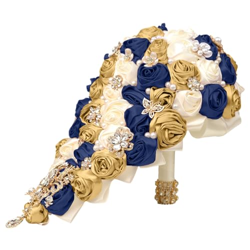 Handmade Satin Rose Water Drop Bridal Bouquet,8.7inch Crystal Wedding Round Tossing Bouquet,Jewelry Proposal Bridesmaid Bouquet Groom Corsage Bride Wrist Flower Ivory (07#Ivory Navy Gold) - color: 07#ivory Navy Gold