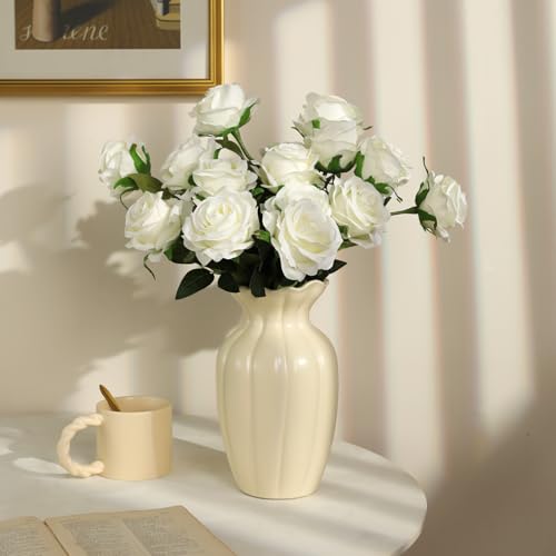 Nubry 24pcs Artificial White Roses, Fake Silk Roses Flower with Long Stems, Realistic Flowers for Bridal Wedding Party Table Centerpiece Home Decor - color: White