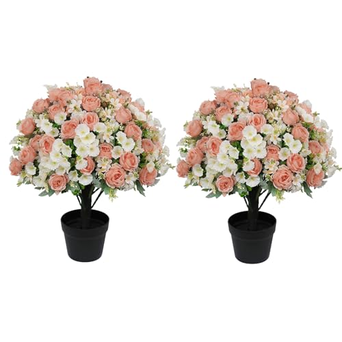 24" Artificial Potted Flowers for Outdoors Set of 2 - UV Resistant Faux Silk Peonies with Eucalyptus Plants in Cement Pots for Outside Front Porch Home Indoor Decor - color: Peach Blush, size: 24" Classic Peony