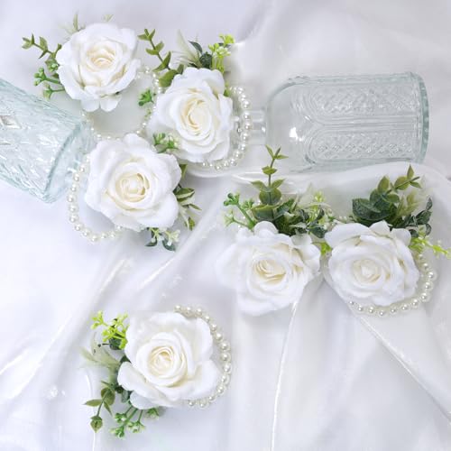 Ivory Rose Wrist Corsage Wristlet Band Bracelet for Women Set of 6 Wedding Bride Bridesmaid Wrist Corsage Artificial Flowers for Wedding Ceremony Anniversary Prom Flowers Formal Dinner Party(6, White)