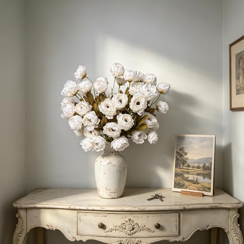 LESING Artificial Peony for Vase, 6 Pcs Fake Peonies 28'' Faux Silk Flowers Bulk Branches with Stems for Tall Vase Home Decoration Table Centerpiece (White) - color: White