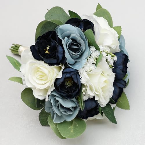 Set of 4 Bridesmaid Bouquets, 11 Inch Wedding Bouquets for Bridesmaids Artificial Flower Bouquets for Wedding Ceremony Bridal Shower Decorations - Navy & Dusty Blue & White - color: Navy & Dusty Blue, size: Set of 4 Bouquets