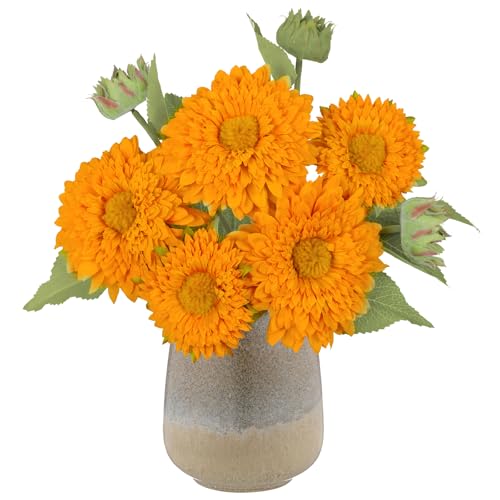 IPOPU Artificial Sunflower Bouquet with Long Stems Fake Sunflowers Silk Flowers with 5 Heads Faux Sunflower Bouquet for Wedding Party Home Office Decoration Dining Table Centerpiece (Orange1Bunches) - color: Orange Yellow