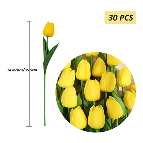 30PCS Real Touch Tulips PU Artificial Flowers, Fake Tulips Flowers for Arrangement Wedding Party Easter Spring Home Dining Room Office Decoration. (Yellow, 14" Tall) - color: Yellow