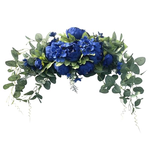 H&S BRIDAL Wedding Arch Flowers, 30 Inch Rustic Artificial Floral Swag for Door Lintel, Green Leaves Rose Peony Sunflowers Table Centerpieces Home Decoration - color: Royalblue