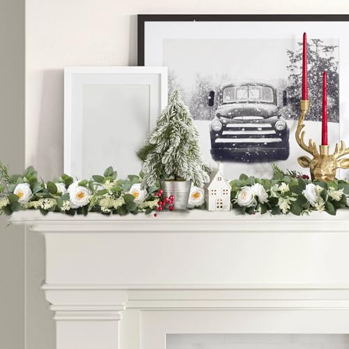 MAKHOT 2Pack White 6.6 Ft Eucalyptus Garland with Lovely Faux Rose Flowers, Artificial Eucalyptus and Rose Garlands Decor, Floral Greenery Garland for Wedding Home Table Decor (White) - color: White-2pcs