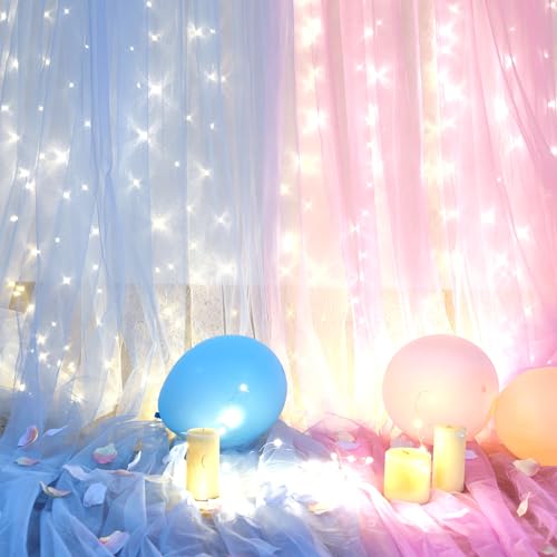 Pink Blue Sheer Tulle Backdrop Curtains with Lights String for Gender Reveal Baby Shower Decorations for Boy or Girl Birthday Party Photo Shoot Backdrop Background Decorations 2 Panels 5×8ft - color: Pink and Blue, size: 10 ft X 8 ft(2 Panels 5ft X 8ft)