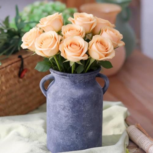Black Glass Vase with Handles - Rustic Imitation Ceramic Flower Vase 8 Inches, Vintage Matte Black Centerpiece Decor for Modern Farmhouse, Industrial Home, Gothic & Minimalist Table Decorations - color: Black