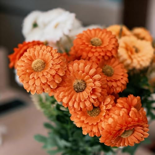 Artificial Mums, Outdoors Faux Fall Flowers Plants for Autumn Home Decor, 10 Bundles Natural Texture Daisy UV Resistant Indoor Festival Decoration for Wedding, Yard, Patio, Porch...(Orange) - color: Orange