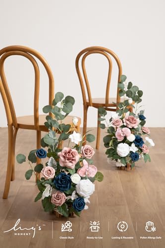 Ling's moment 17.5" Tall Standing Artificial Flowers Arrangements 4 pcs Wedding Aisle Runner Chair Decorations Dusty Rose Navy Centerpieces for Ceremony Reception Rose Floral Party Outdoor - color: Pk-dusty Rose & Navy