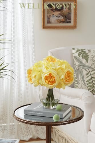 WELL KNOWN Artificial Austin Roses and Hydrangea Petals, 11.5" H Silk Roses Flower Bouquet with Fake Water in Glass Vase, Faux Peony for Home Decor, Table Decor, Weddings, Gift (Yellow) - color: Yellow