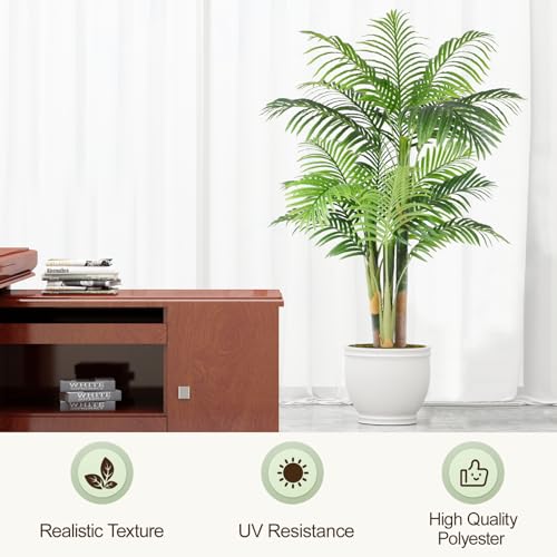 5ft Tall Triple Golden Cane Palm Artificial Tree Large Tropical Palm Tree UV Resistant Fake Plant in Pot for Indoor Outdoor Big House Living Room Outside Patio Office Home Decor 1Pack - size: 5ft
