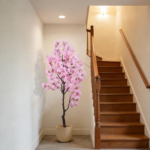 BINCUE Artificial Pink Cherry Blossom Tree Fake Tree Cherry Blossom Decor Fake Flowers Faux Flowering Tree Pink Flowers Floral for Indoor Outdoor Room Home Decor Spring Gift 7FT - color: Pink-10ap