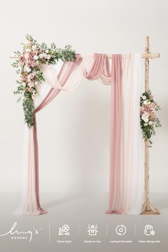 Ling's moment Deluxe Wedding Arch Flowers with Sheer Drapes Kit - Artificial Pink and White Floral Arrangements for Ceremony Backdrop, Arbor Decor, 5-Piece Set (2 Flower Stems + 3 Hanging Drapes) - color: Pk-dusty Rose & Cream