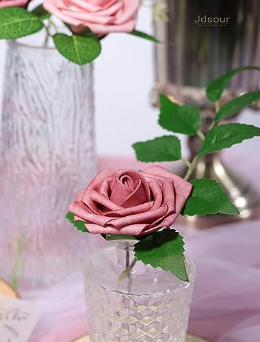 50pcs Artificial Flower，Real Touch Foam Roses w/Stem DIY for Wedding Bouquet Centerpieces Party Shower Home Decor-Shabby Rose Pink - color: Shabby Rose Pink