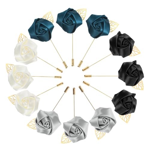 M METERXITY 1-Set Flower Lapel Pins for Men, Golden Leaf Rose Boutonnieres Pin for Wedding/Dance/Party, Mens Lapel Pins for Suits Satin Flower Corsage Hat Pins [Elegance Set] - color: Black, Cream White, Silver Grey, Indigo Blue
