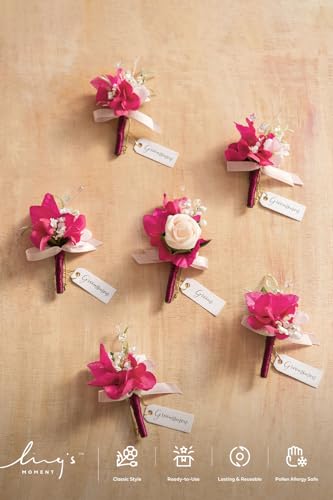 Ling's moment Boutonniere for Men, 6pcs Groom Groomsmen Boutonniere, Artificial Flowers for Wedding Decor/Prom/Homecoming, etc.Blush Hot Pink - color: Pk-blush & Hot Pink