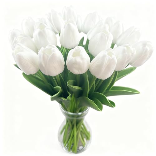 20pcs–13.5 Inch White Tulips Artificial Flowers Mother's Day Easter Valentine’S Day Gifts in Home Kitchen Wedding Dining Table Decorations Faux Flowers