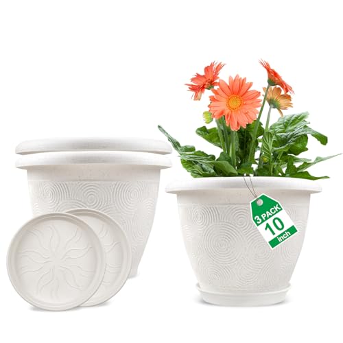 Plastic Flower Pots Planters For Indoor Plants, 3 Pack 10 Inch White Plant Pots With Drainage Hole & Tray, Modern Decorative Large Plant Pot With Saucer For Indoor Outdoor Plants Garden House Planter - color: White, size: 10 inch-3 pack